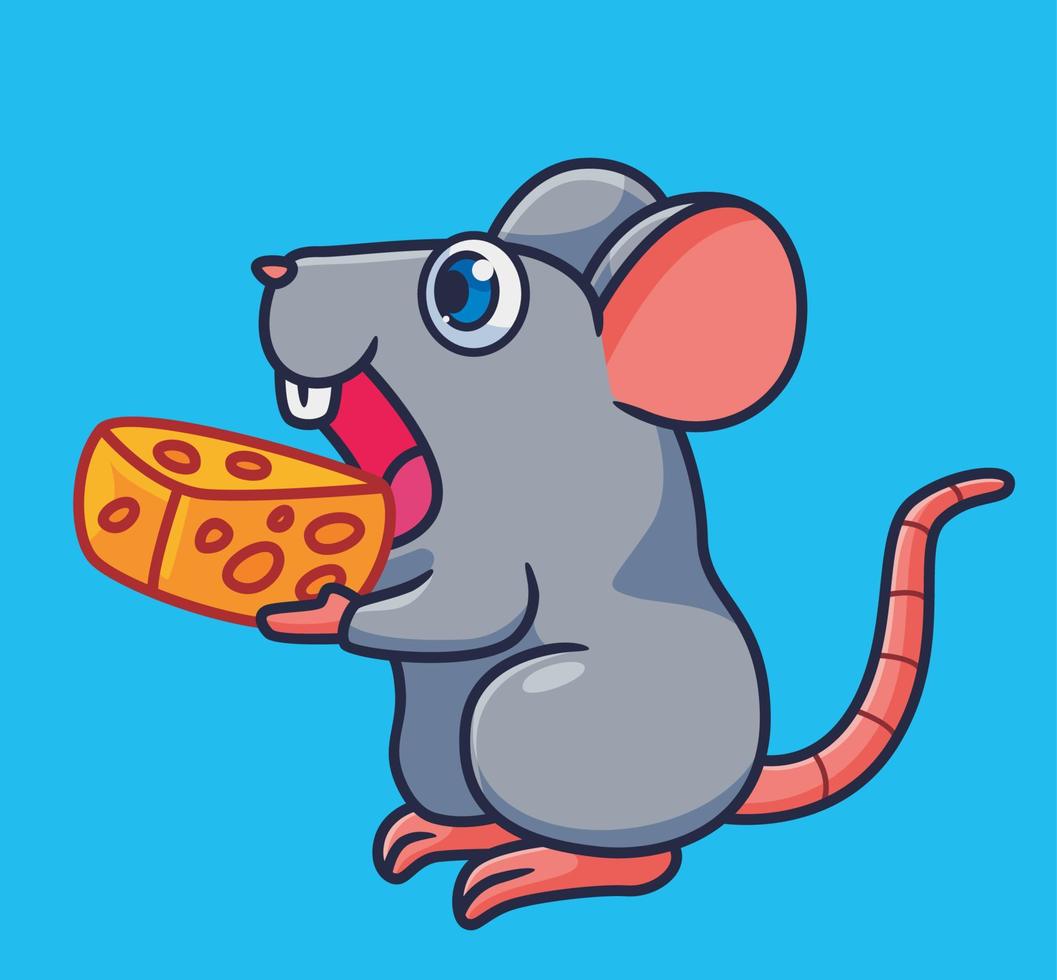 lindo ratón de dibujos animados comiendo un queso. vector de ilustración animal de dibujos animados aislado