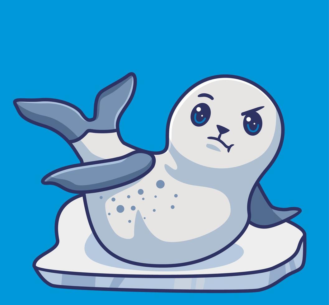 linda foca en el hielo. ilustración animal de dibujos animados aislados. vector de logotipo premium de diseño de icono de etiqueta de estilo plano. personaje mascota