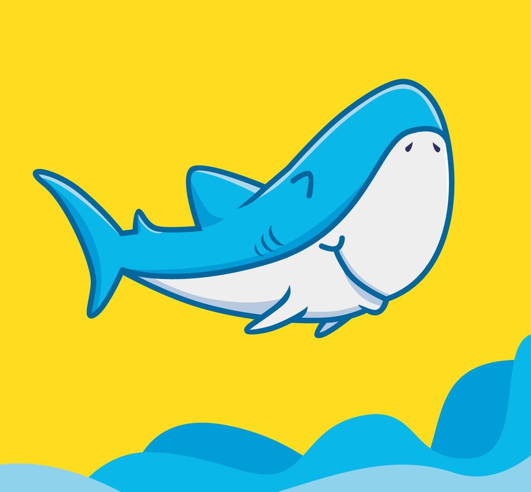 lindo tiburón de dibujos animados vuela sobre el mar disfruta de felices vacaciones vacaciones de recreación de verano. animal dibujos animados estilo plano icono ilustración premium vector logo