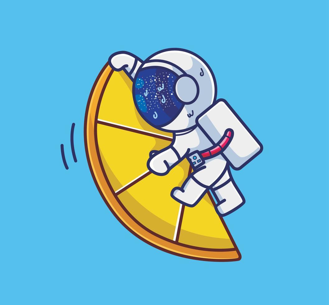 lindo astronauta abrazando una fruta de limón gigante. dibujos animados viajes vacaciones vacaciones verano concepto aislado ilustración. estilo plano adecuado para el vector de logotipo premium de diseño de icono de etiqueta. personaje mascota