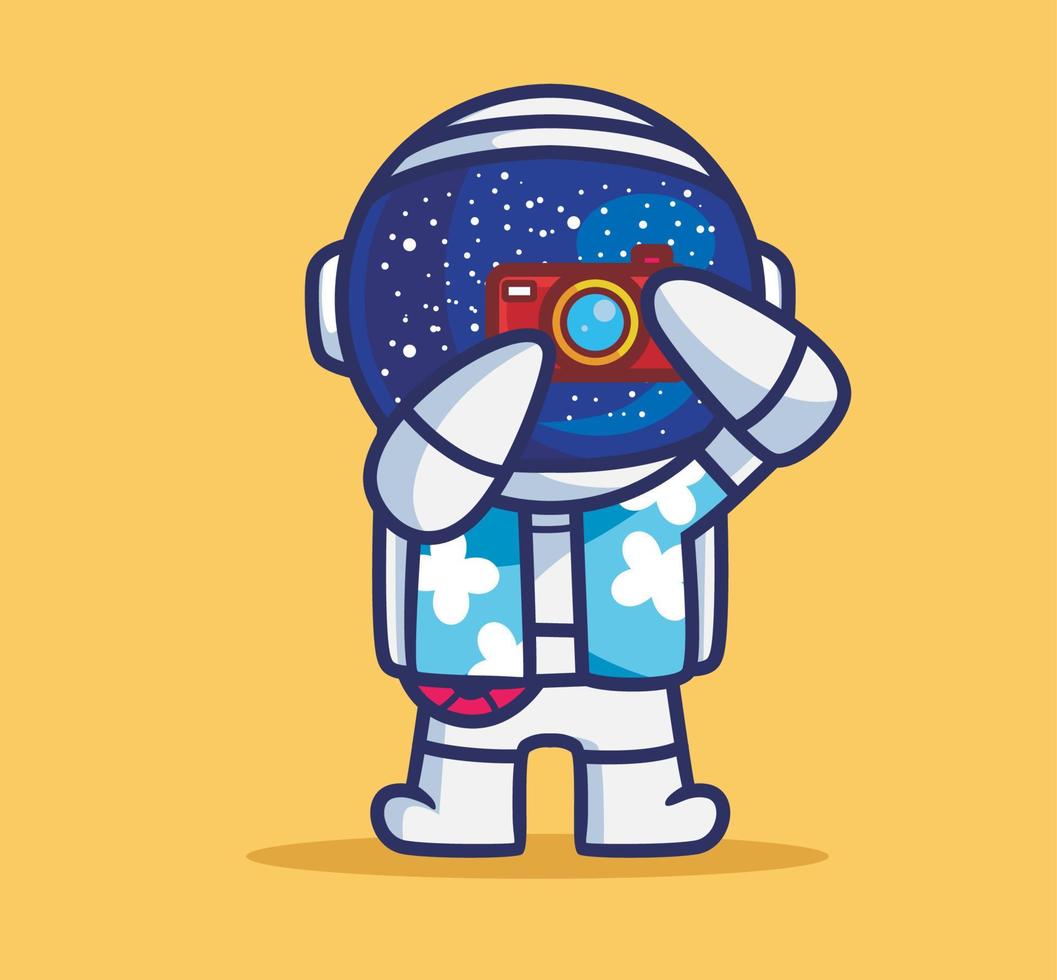 lindo astronauta toma una foto con la cámara. dibujos animados viajes vacaciones vacaciones verano concepto aislado ilustración. estilo plano adecuado para el vector de logotipo premium de diseño de icono de etiqueta. personaje mascota