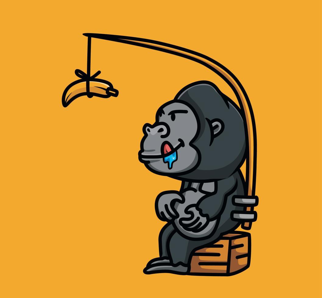 Cute baby young gorilla trapped by banana stupid a big banana ape black monkey holding a tree branch. Animal Isolated Cartoon Flat Style Icon illustration Premium Vector Logo Sticker Mascot