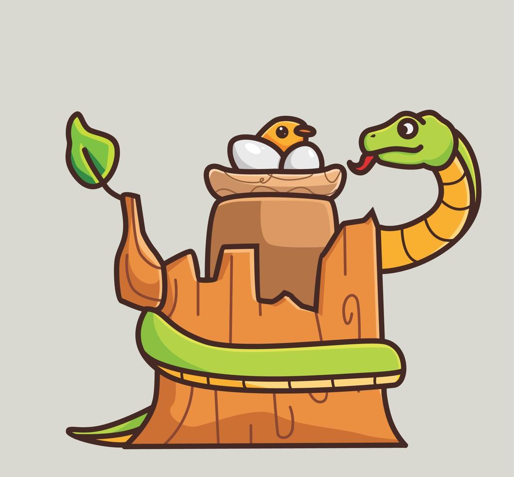 cute snake eating eggs bird nest on the tree. cartoon animal nature concept Isolated illustration. Flat Style suitable for Sticker Icon Design Premium Logo vector. Mascot Character vector