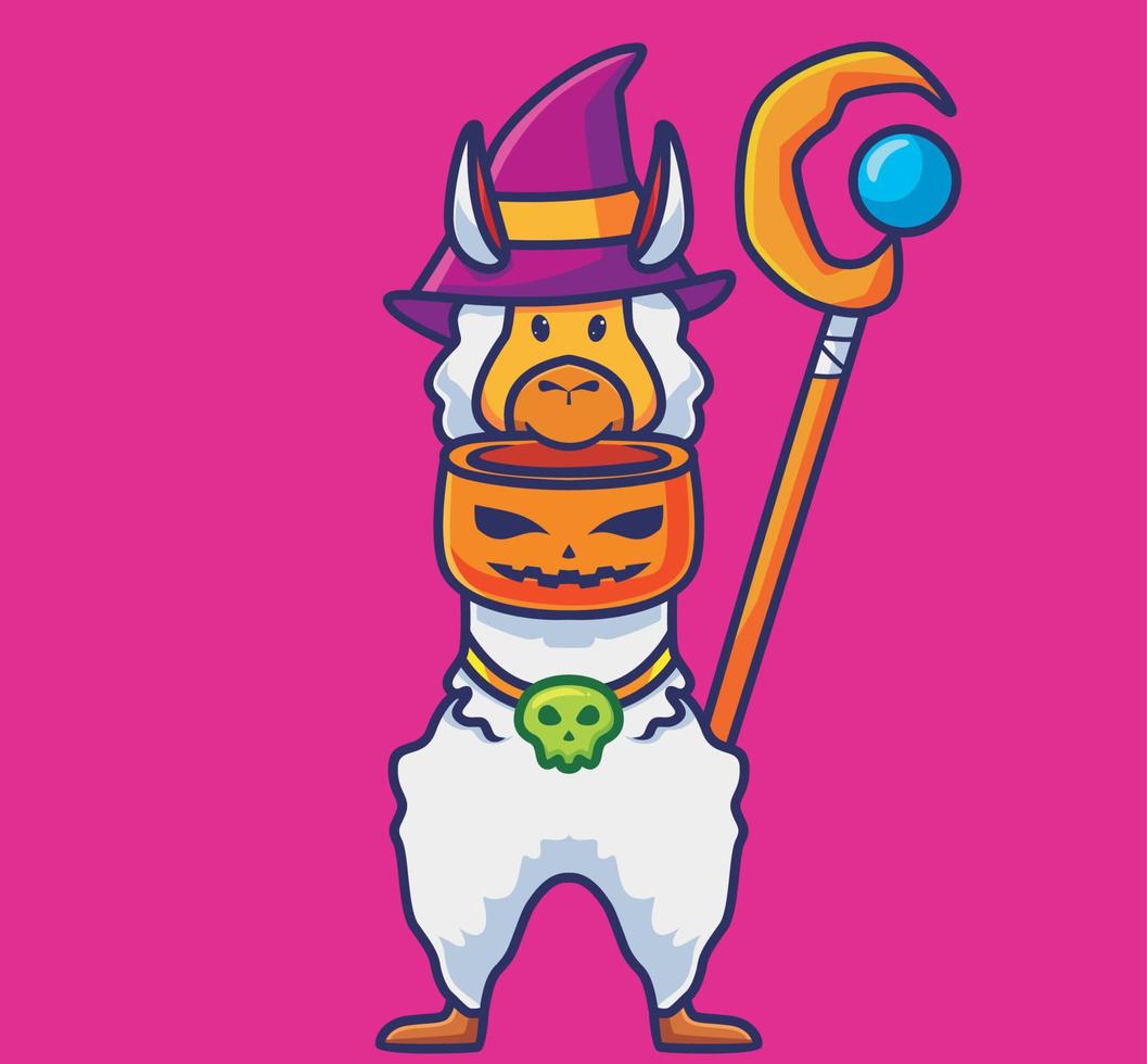 lindo mago de alpaca sosteniendo un tazón de calabaza. ilustración aislada del concepto de evento de halloween animal de dibujos animados. estilo plano adecuado para el vector de logotipo premium de diseño de icono de etiqueta. personaje mascota