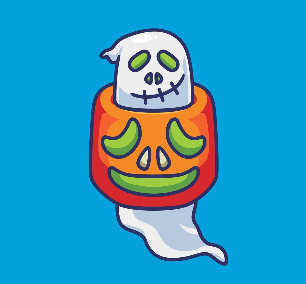 cute ghost stuck on giant pumpkin. Isolated cartoon Halloween illustration. Flat Style suitable for Sticker Icon Design Premium Logo vector. Mascot character vector