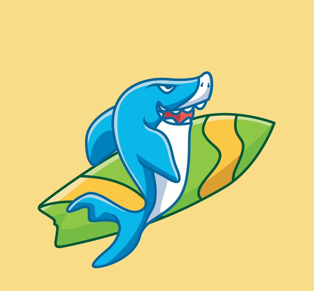 Linda tabla de surf de tiburón bebé. dibujos animados animales viajes vacaciones vacaciones verano concepto aislado ilustración. estilo plano adecuado para el vector de logotipo premium de diseño de icono de etiqueta. personaje mascota