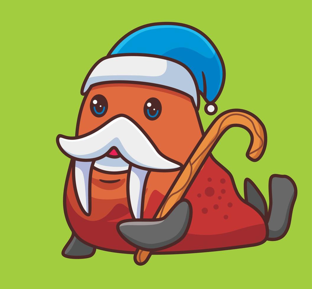 cute old walrus as santa clause. isolated cartoon animal illustration. Flat Style Sticker Icon Design Premium Logo vector. Mascot Character vector