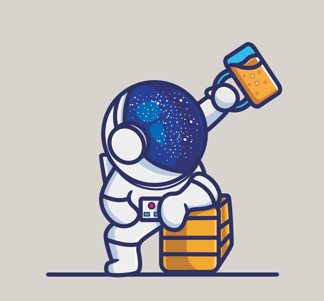 lindo astronauta bebe una cerveza. ilustración aislada del concepto de tecnología de persona de dibujos animados. estilo plano adecuado para el diseño de iconos de pegatinas vector de logotipo premium