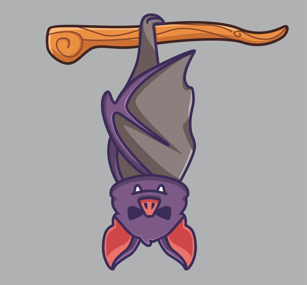 lindo murciélago vampiro durmiendo en la rama de un árbol. ilustración aislada del concepto de evento de halloween animal de dibujos animados. estilo plano adecuado para el vector de logotipo premium de diseño de icono de etiqueta. personaje mascota