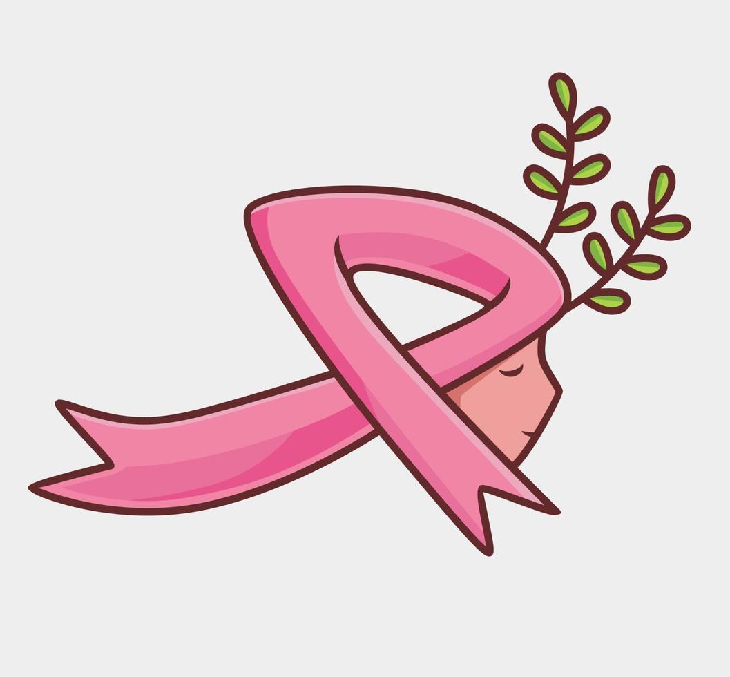 Logo breast cancer pink tape and flower woman. cartoon woman cancer concept Isolated illustration. Flat Style suitable for Sticker Icon Design Premium Logo vector