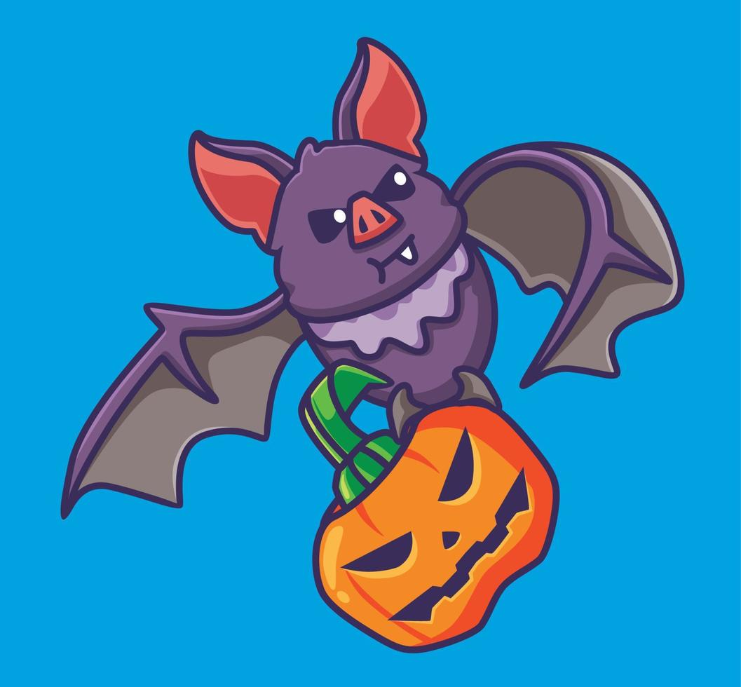 lindo murciélago vampiro trae una calabaza. ilustración aislada del concepto de evento de halloween animal de dibujos animados. estilo plano adecuado para el vector de logotipo premium de diseño de icono de etiqueta. personaje mascota