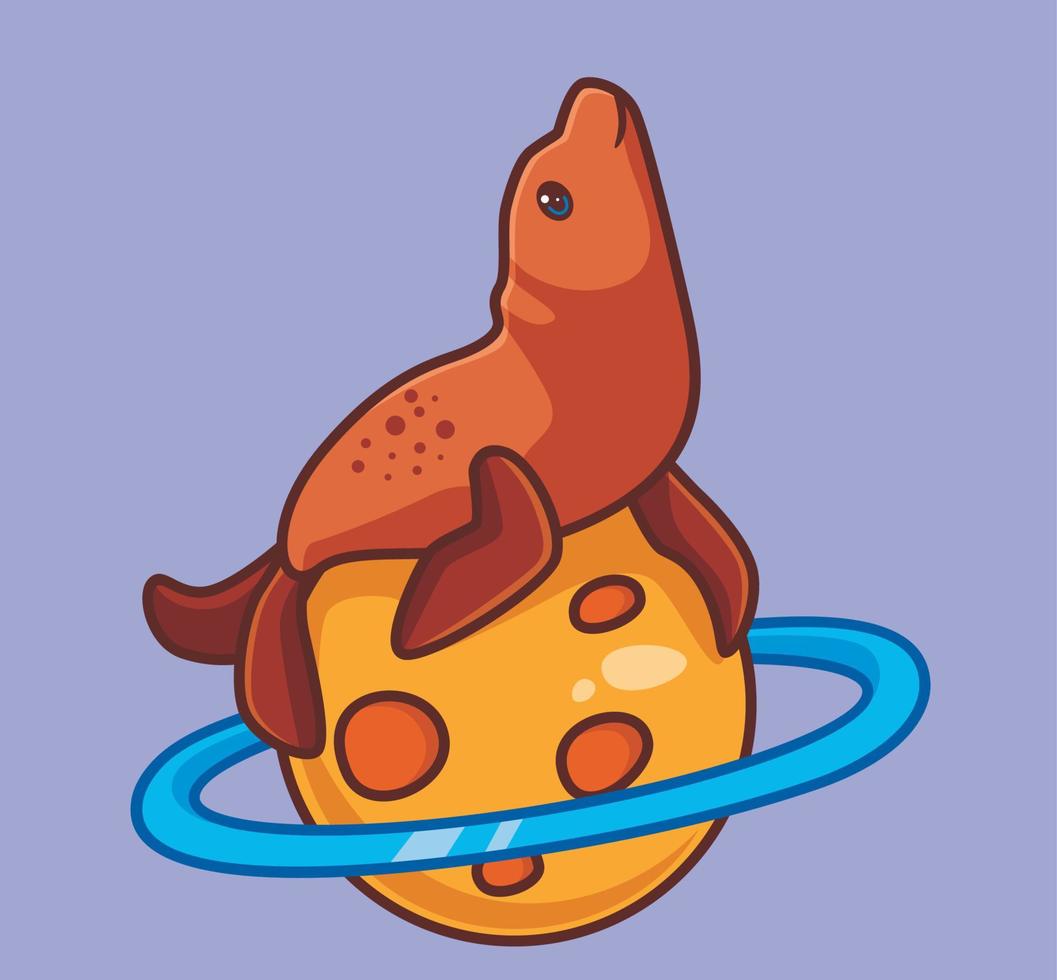cute seal stand on planet moon with ring. isolated cartoon animal illustration. Flat Style Sticker Icon Design Premium Logo vector. Mascot Character vector