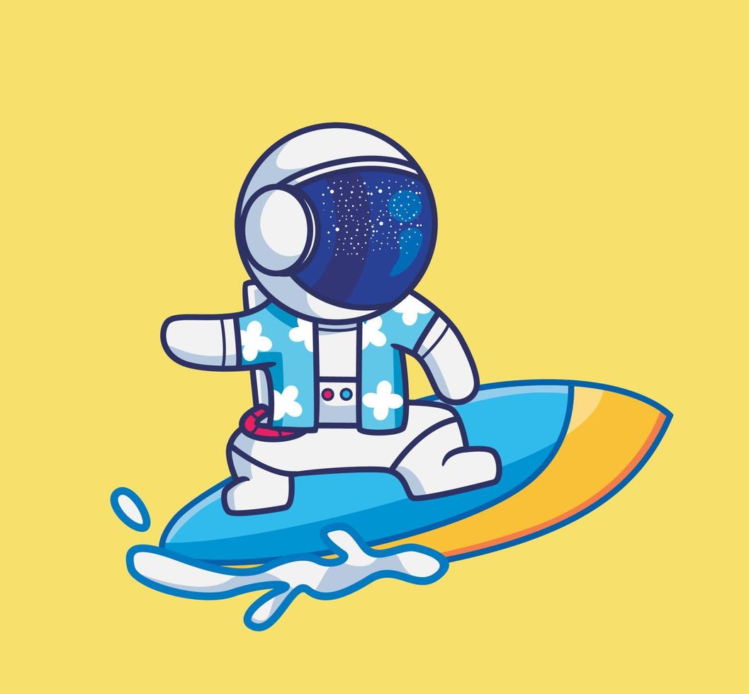 lindo astronauta surfeando. dibujos animados viajes vacaciones vacaciones verano concepto aislado ilustración. estilo plano adecuado para el vector de logotipo premium de diseño de icono de etiqueta. personaje mascota