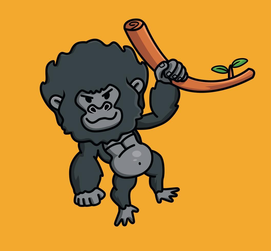 lindo bebé joven gorila mono mono negro sosteniendo una rama de árbol. animal aislado dibujos animados estilo plano icono ilustración premium vector logo pegatina mascota