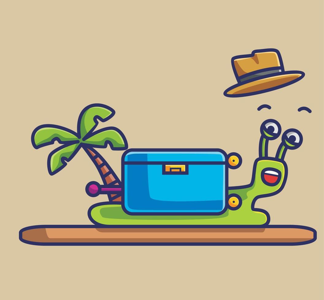 cute snail shell hat and suitcase cartoon animal travel holiday vacation summer concept Isolated illustration. Flat Style suitable for Sticker Icon Design Premium Logo vector. Mascot Character vector