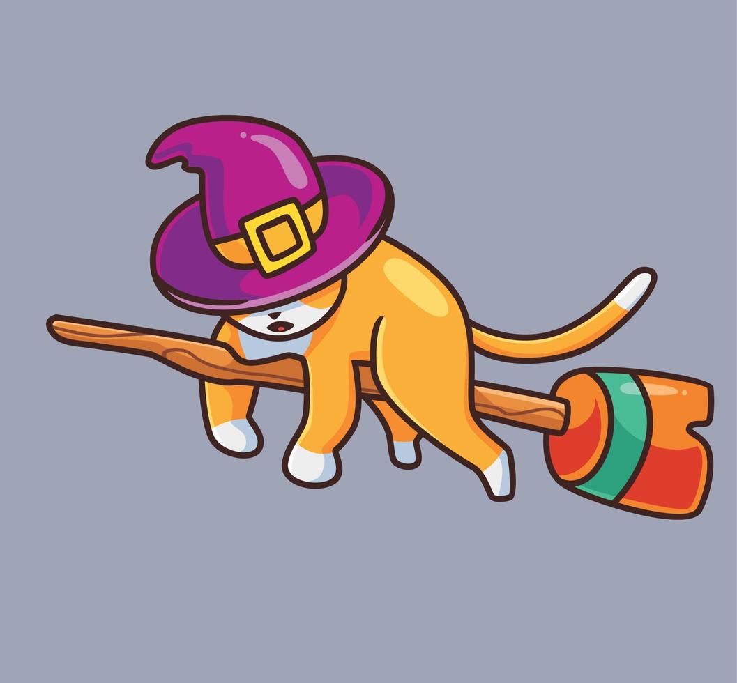 cute cat wizard sleep on the broom. Isolated cartoon animal Halloween illustration. Flat Style suitable for Sticker Icon Design Premium Logo vector. Mascot character vector