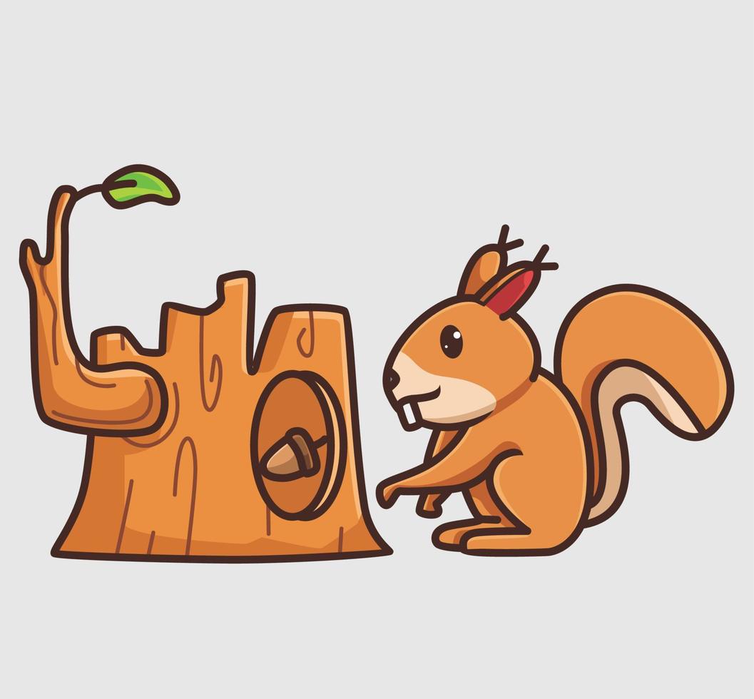 linda ardilla recoge su nuez en el agujero del árbol. ilustración aislada del concepto de naturaleza animal de dibujos animados. estilo plano adecuado para el vector de logotipo premium de diseño de icono de etiqueta. personaje mascota