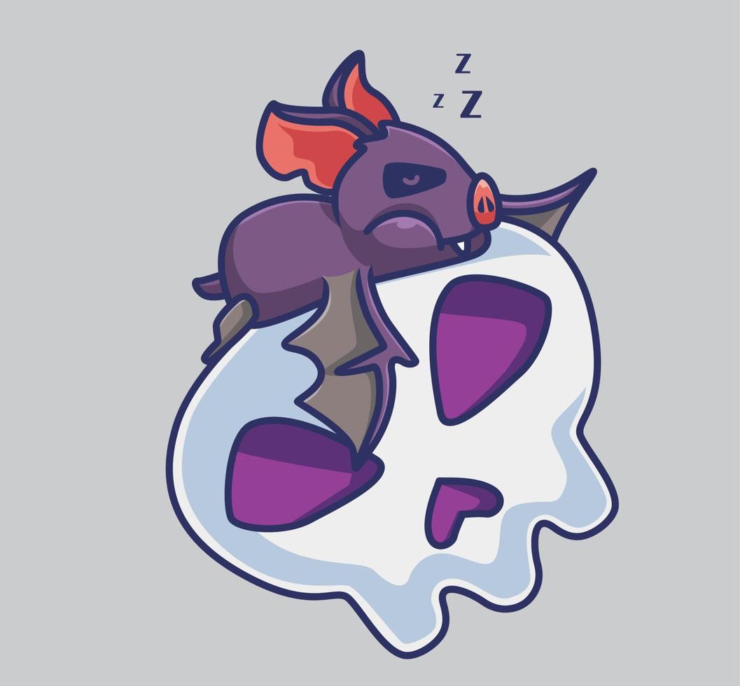 lindo murciélago vampiro durmiendo en un cráneo gigante. ilustración aislada del concepto de evento de halloween animal de dibujos animados. estilo plano adecuado para el vector de logotipo premium de diseño de icono de etiqueta. personaje mascota