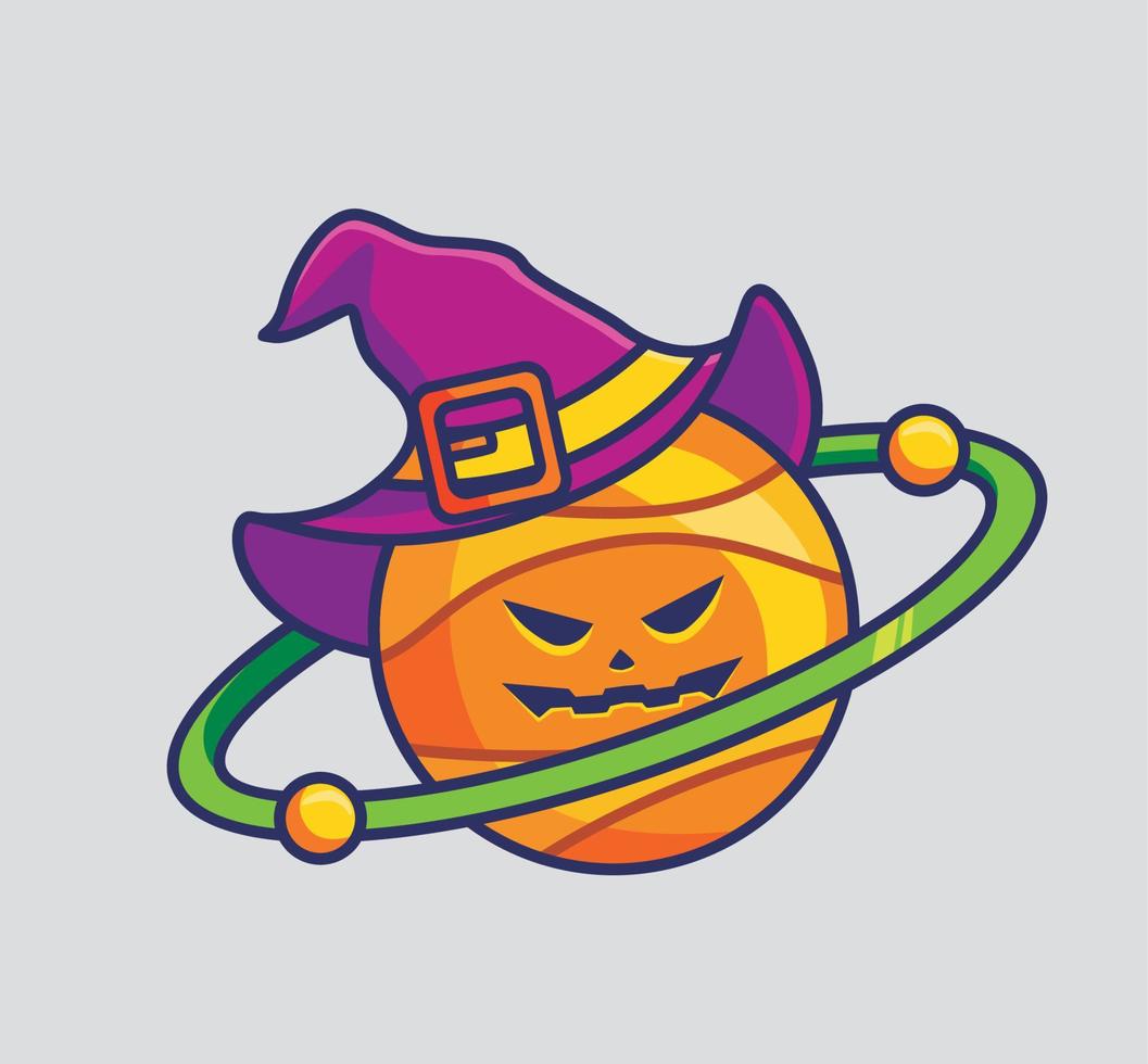 lindo planeta horror sonriendo con un mago del anillo. ilustración aislada del concepto de evento de halloween de dibujos animados. estilo plano adecuado para el vector de logotipo premium de diseño de icono de etiqueta. personaje mascota