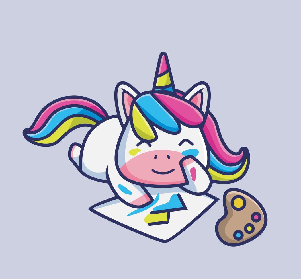 cute unicorn girl painting. cartoon animal hobby concept Isolated illustration. Flat Style suitable for Sticker Icon Design Premium Logo vector. Mascot character vector