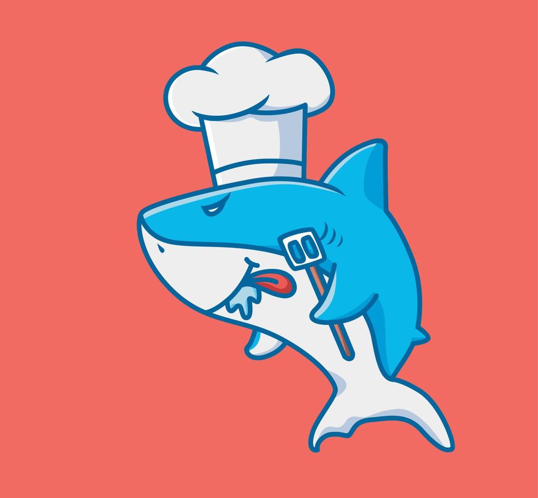 lindo tiburón chef sosteniendo una espátula. dibujos animados animales hobby concepto aislado ilustración. estilo plano adecuado para el vector de logotipo premium de diseño de icono de etiqueta. personaje mascota