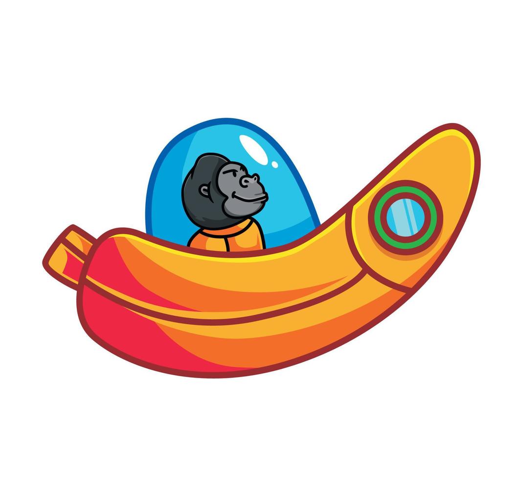 lindo gorila astronauta con cohete bananaship. ilustración aislada del concepto de tecnología de ciencia animal de dibujos animados. estilo plano adecuado para vector de logotipo premium de diseño de icono de etiqueta. personaje mascota