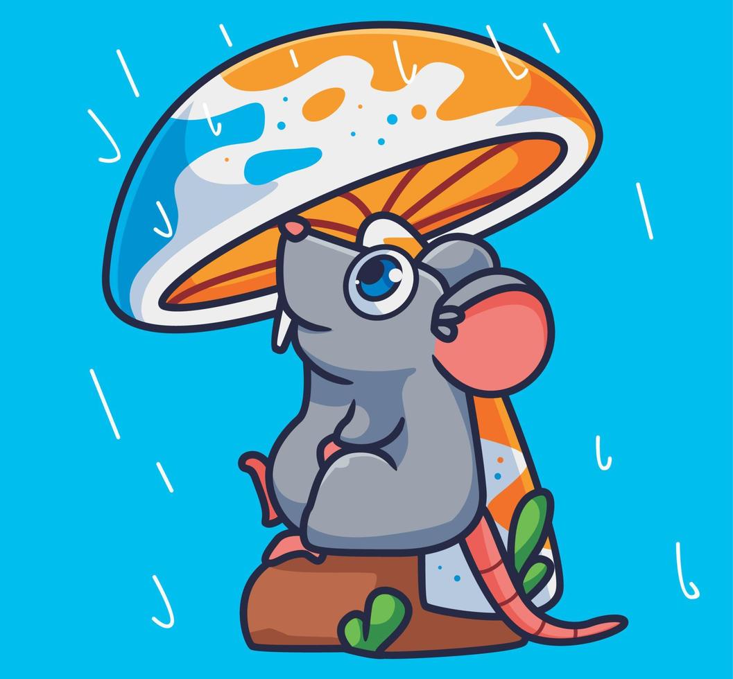 lindo ratón de dibujos animados refugiarse bajo la lluvia de hongos. vector de ilustración animal de dibujos animados aislado