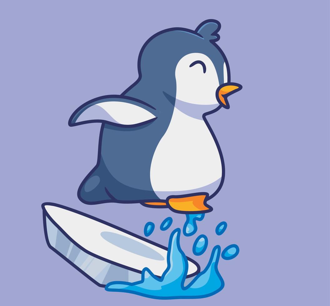 lindo pingüino saltando sobre hielo. ilustración animal de dibujos animados aislados. vector de logotipo premium de diseño de icono de etiqueta de estilo plano. personaje mascota