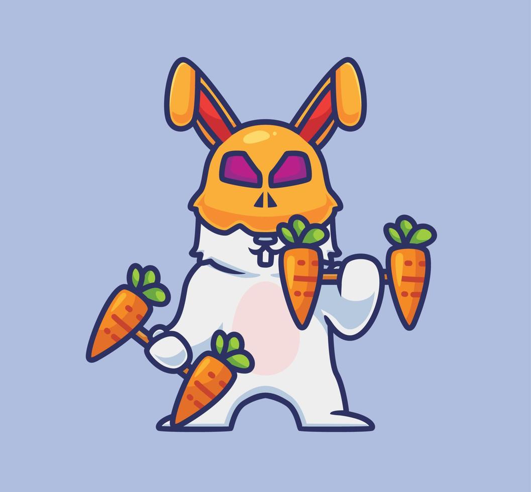 lindo conejo levantando pesas de zanahoria con pesas. ilustración de halloween de animales de dibujos animados aislados. estilo plano adecuado para el vector de logotipo premium de diseño de icono de etiqueta. personaje mascota