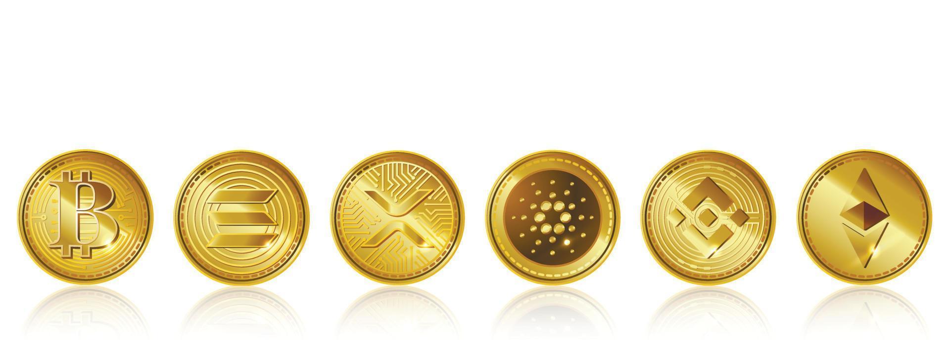 Token cryptocurrency set. Currency on future internet. Digital online technology blockchain stock market. Gold coin symbol crypto currencies Bitcoin, Ethereum, Cardano, Binance, Solana, XRP. vector