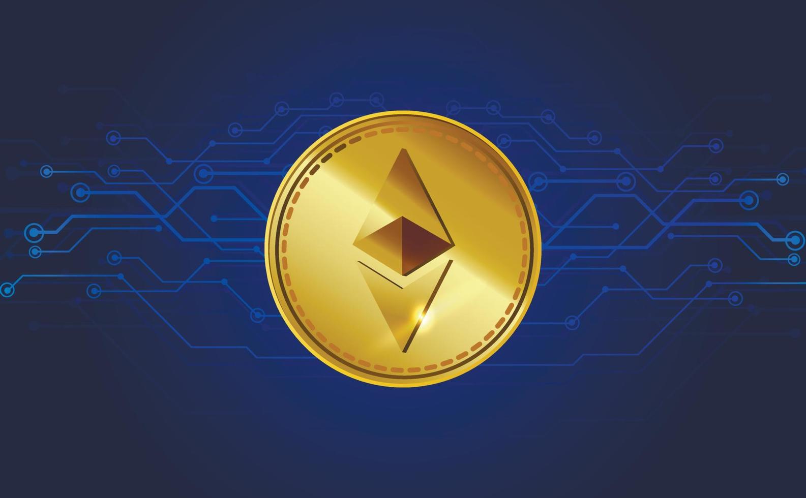 Ethereum. Golden realistic cryptocurrency coin on blue crypto business background. Digital currency. ETH digital coin. Poster. Vector illustration