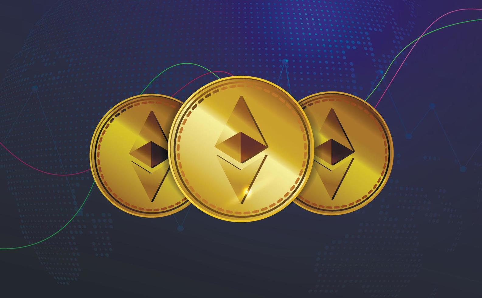 moneda de moneda clásica de ethereum dorado. tecnología moderna de moneda criptográfica electrónica. banner de token de mercado de cadena de bloque de criptomoneda digital. . ilustración vectorial vector