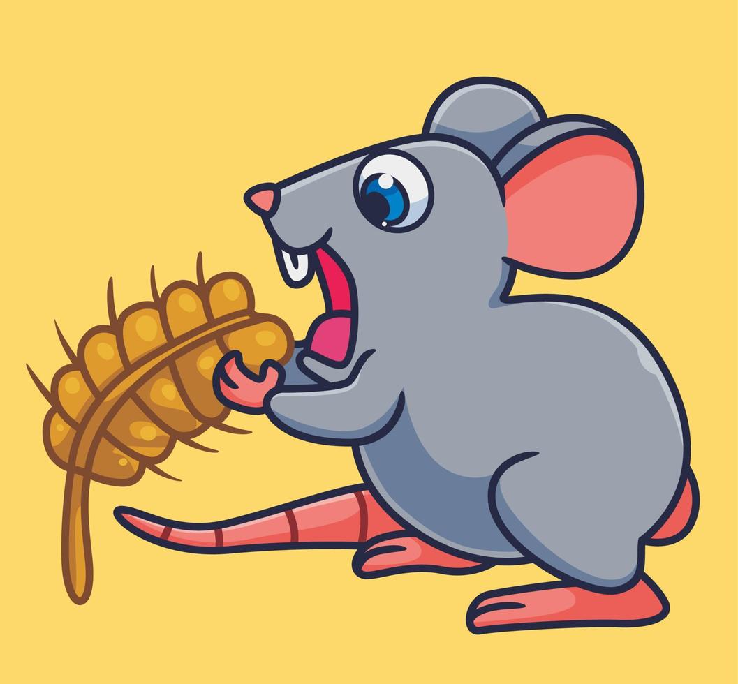 lindo ratón de dibujos animados comiendo un arroz. vector de ilustración animal de dibujos animados aislado