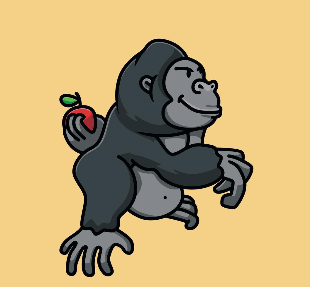 Cute baby young gorilla holding an apple ape black monkey holding a tree branch. Animal Isolated Cartoon Flat Style Icon illustration Premium Vector Logo Sticker Mascot