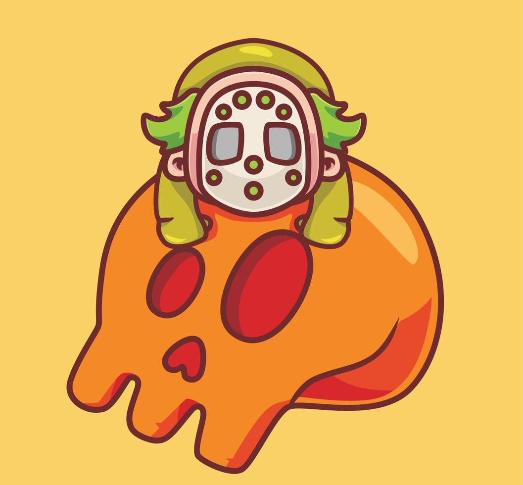 lindo payaso duerme en un cráneo gigante. ilustración de halloween de dibujos animados aislados. estilo plano adecuado para el vector de logotipo premium de diseño de icono de etiqueta. personaje mascota