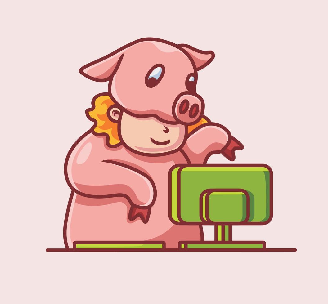 lindo disfraz de cerdo en la computadora. ilustración de tecnología animal de dibujos animados aislados. estilo plano adecuado para el diseño de iconos de pegatinas vector de logotipo premium