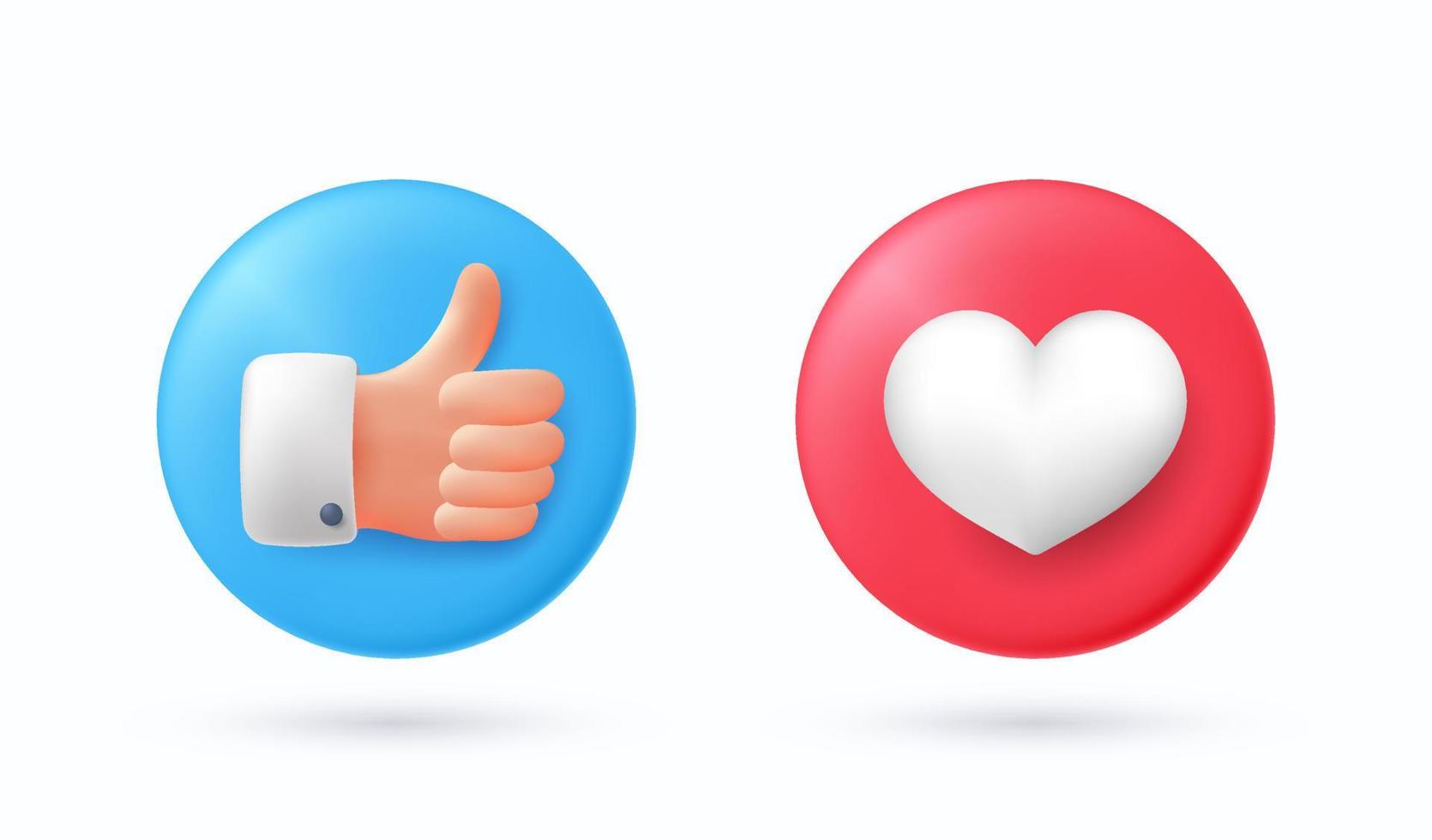 3d social media thumb up like icon and heart love shape icon vector