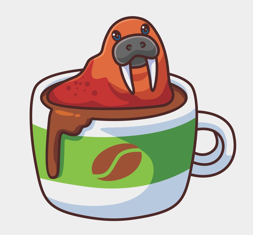 linda morsa bañándose en una taza de café. ilustración animal de dibujos animados aislados. vector de logotipo premium de diseño de icono de etiqueta de estilo plano. personaje mascota