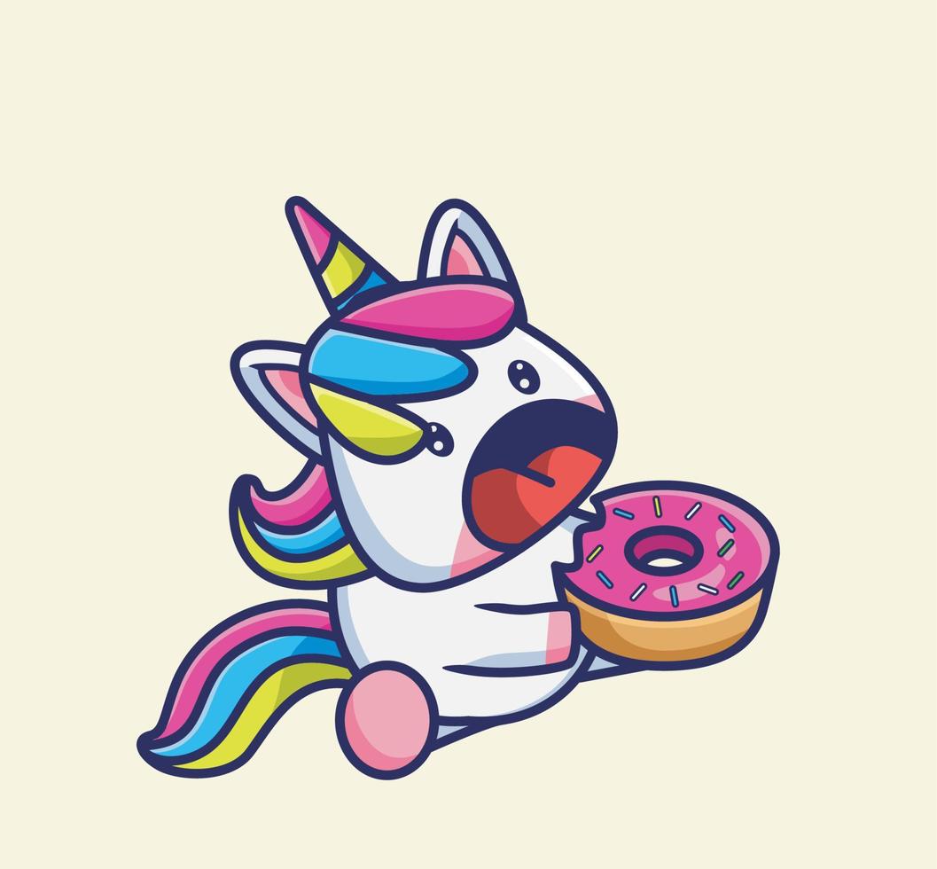 linda chica unicornio comiendo donuts. ilustración aislada del concepto de comida animal de dibujos animados. estilo plano adecuado para el vector de logotipo premium de diseño de icono de etiqueta. personaje mascota