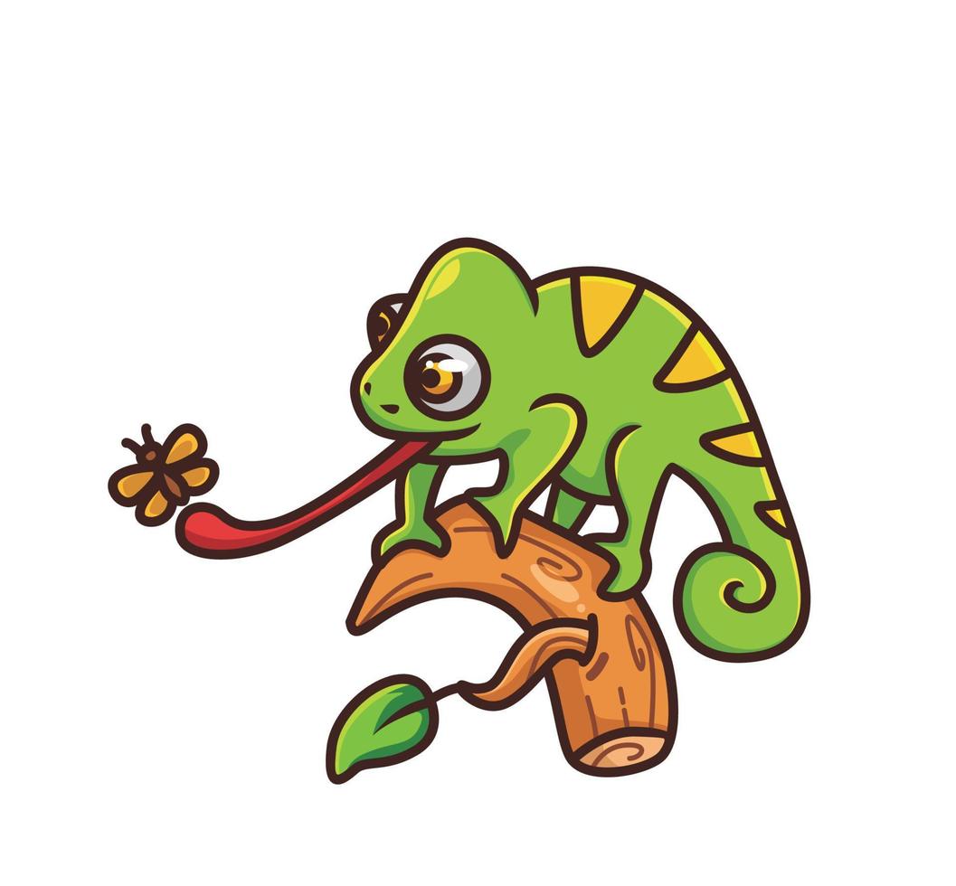 cute chameleon catching insect bug food. cartoon animal nature concept Isolated illustration. Flat Style suitable for Sticker Icon Design Premium Logo vector. Mascot Character vector