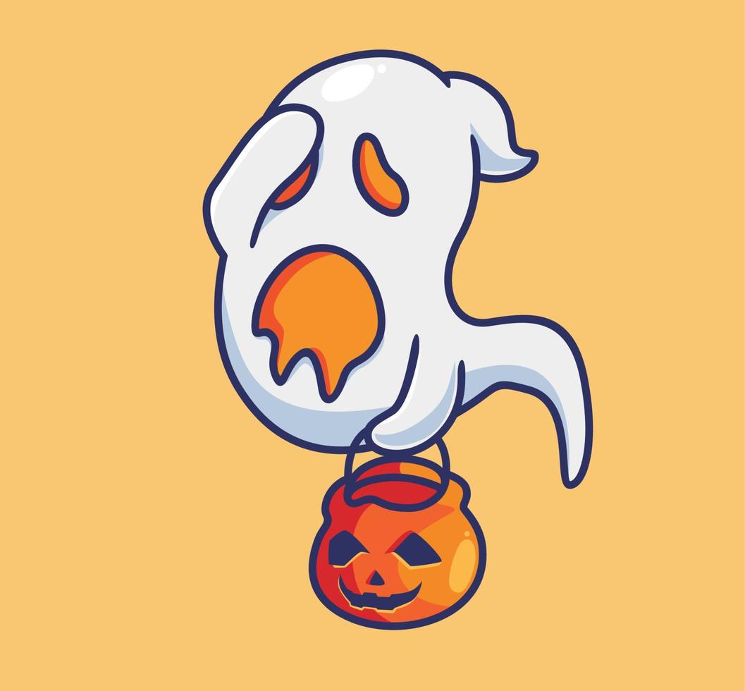 lindo fantasma se ve triste. ilustración de halloween de dibujos animados aislados. estilo plano adecuado para el vector de logotipo premium de diseño de icono de etiqueta. personaje mascota