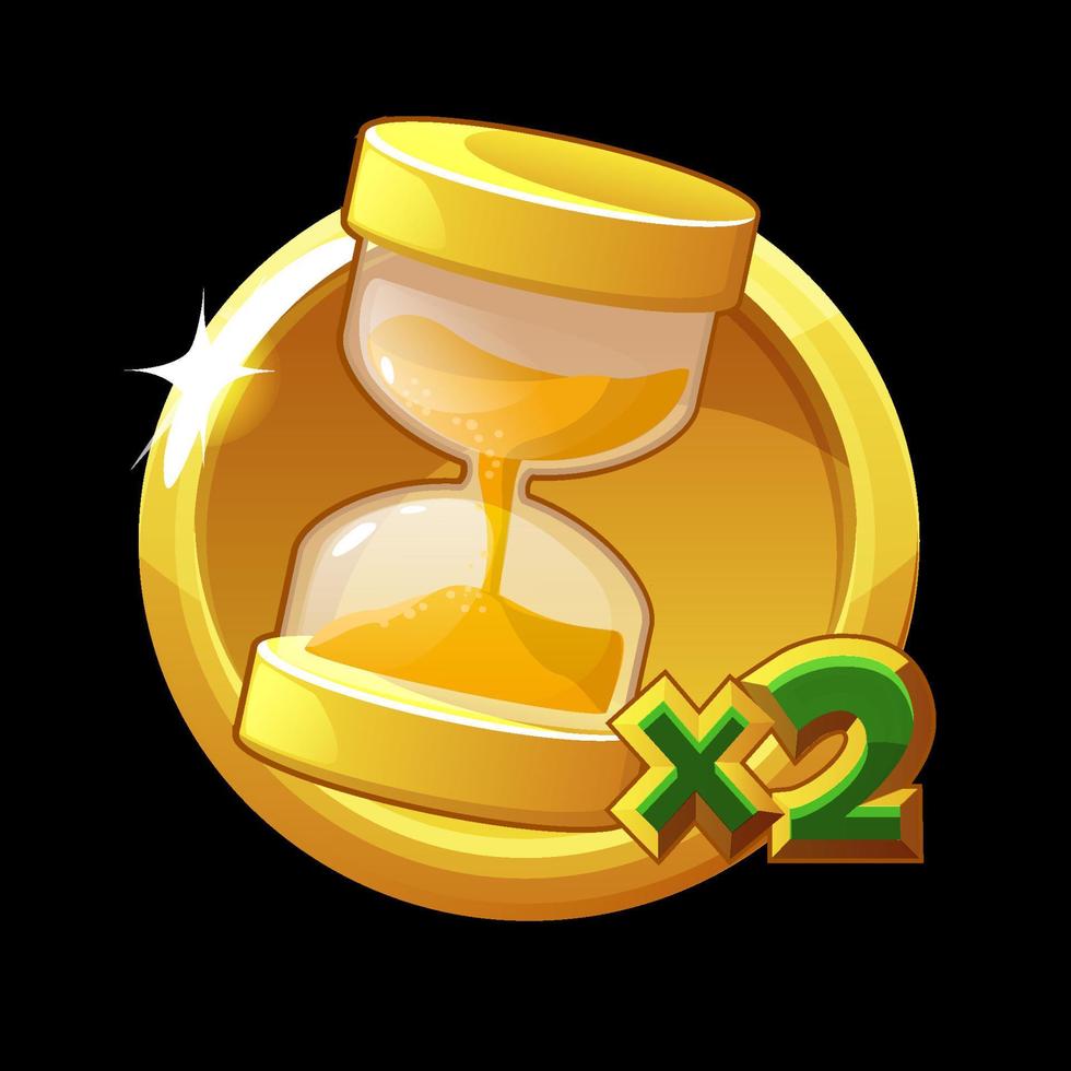 Golden hourglass icon, doubling time for ui games. Vector illustration round icon, add bonus.