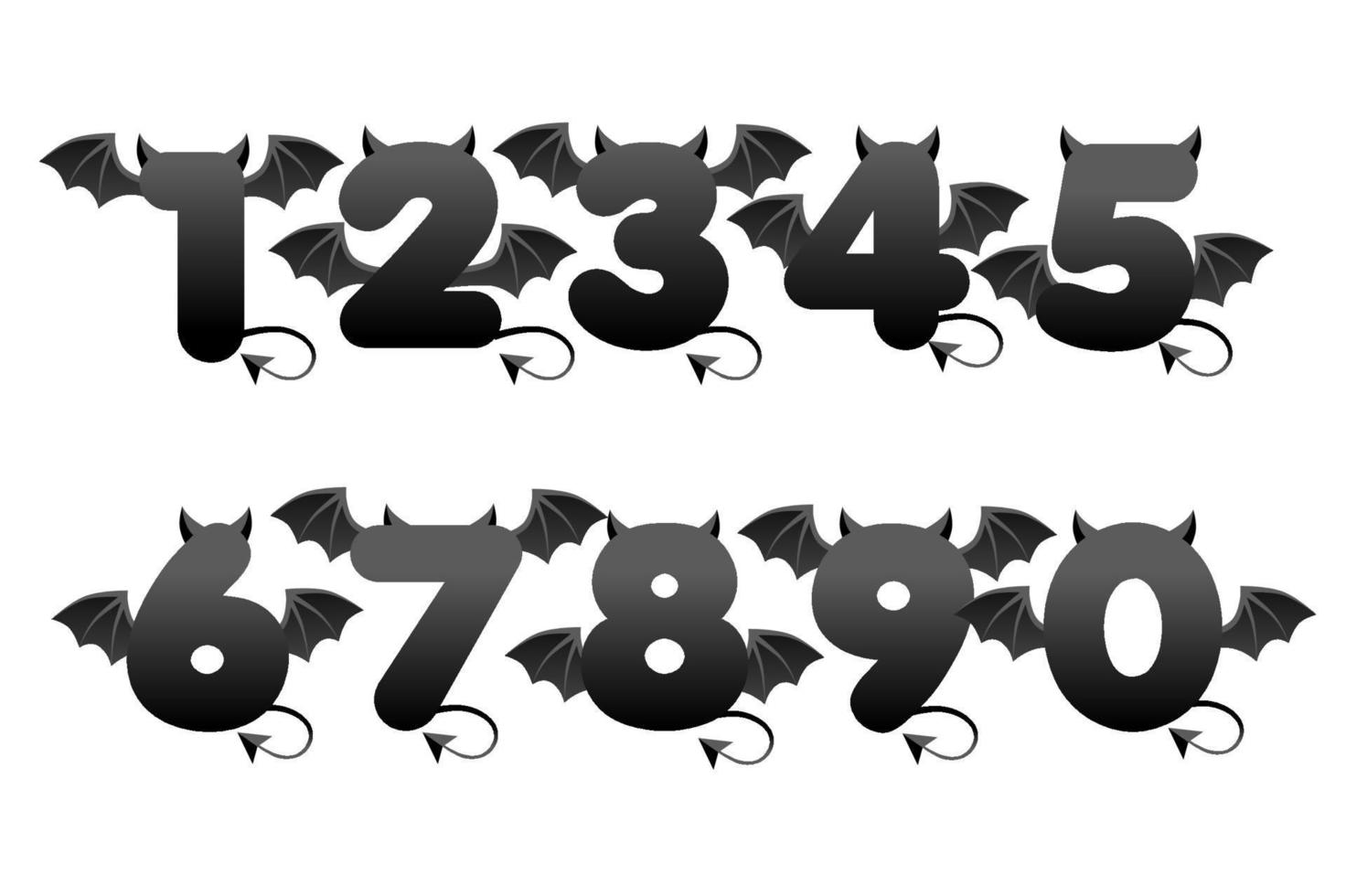 Números negros del diablo con alas para juegos de interfaz de usuario. conjunto de ilustración vectorial de números de demonio de dibujos animados oscuros y aterradores. vector
