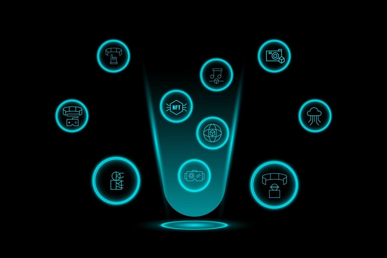 concepto de metaverso y tecnología. marco circular e íconos del mundo virtual como jugar juegos en concepto de metaverso y tecnología. marco circular e íconos del mundo virtual como jugar juegos en