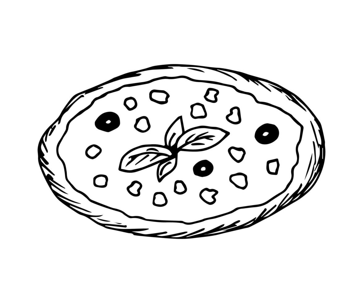 dibujo vectorial simple en contorno negro. pizza con aceitunas, albahaca  aislada en un fondo blanco. cocina tradicional italiana, pizzería,  cafetería. para impresiones, etiquetas, menús, recetas. 10806764 Vector en  Vecteezy
