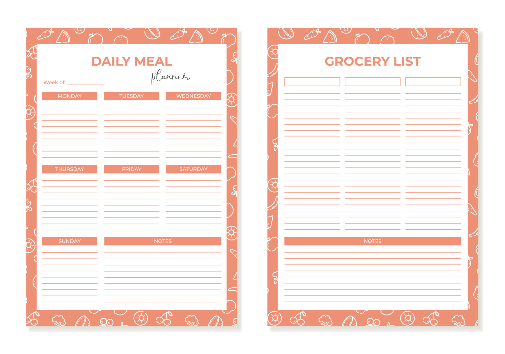 Weekly Meal And Diet Planner Printable Template Food Shopping List 