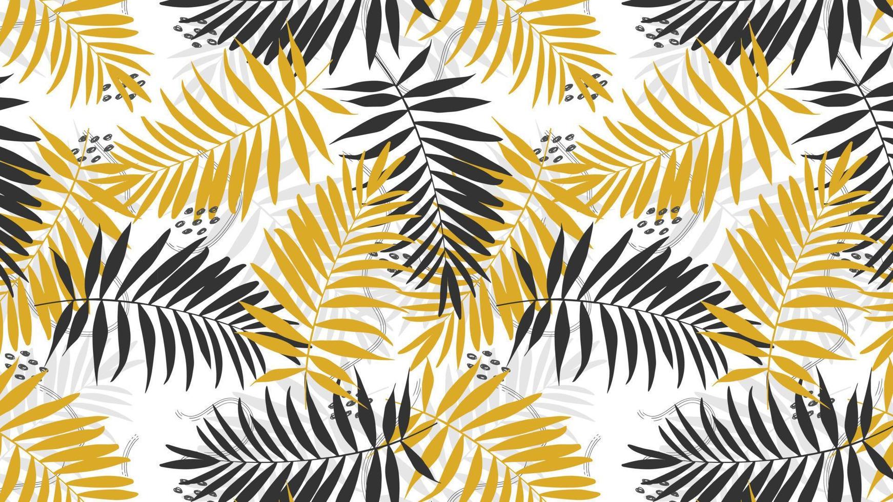 Seamless horizontal vector pattern with black and gold palm leaves on a white background