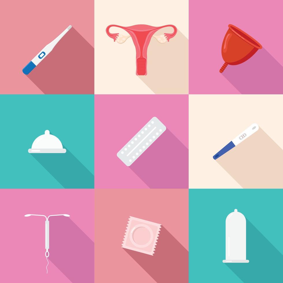 A set of flat icons on the topic of female reproductive health, contraception and pregnancy planning. Vector