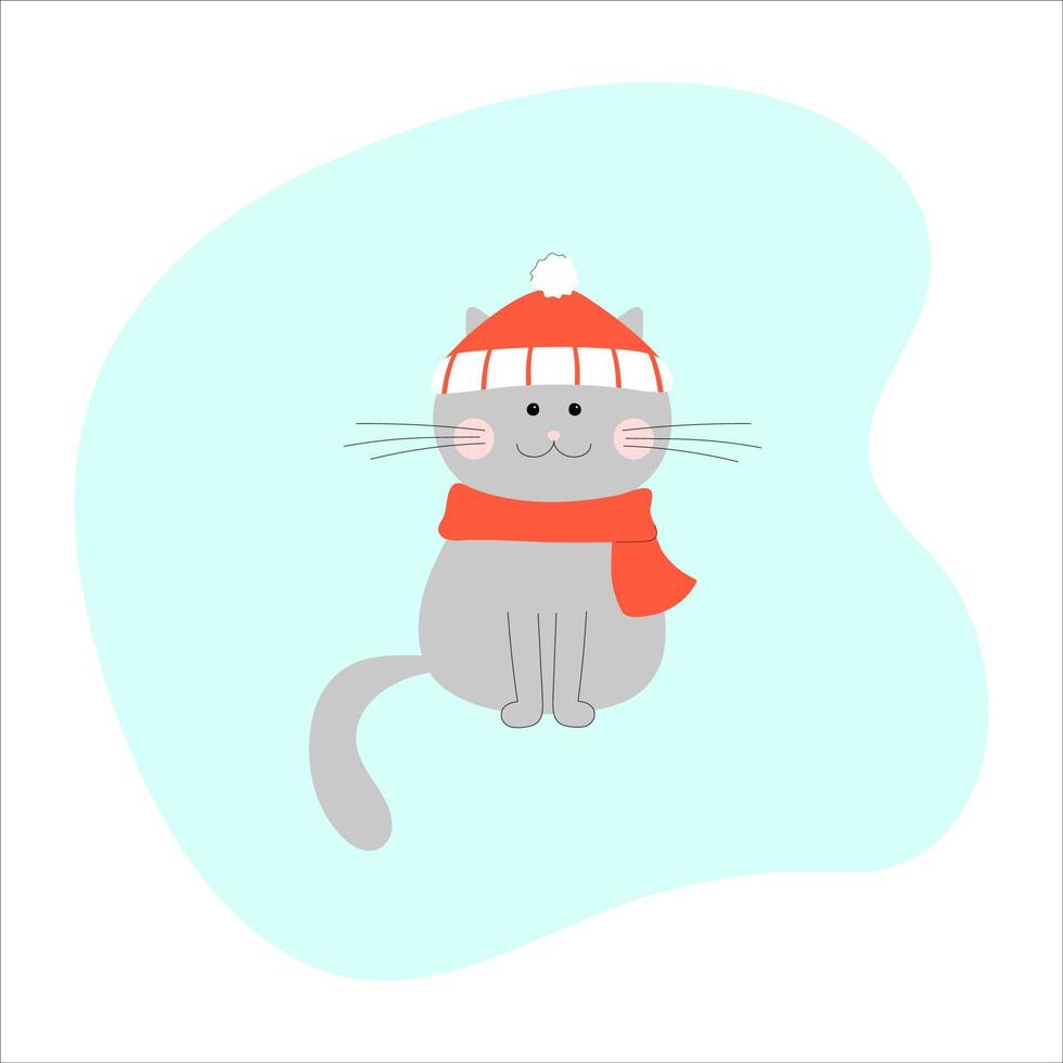 gato gris con bufanda roja y sombrero en invierno vector