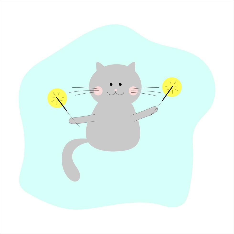 Grey cat holding out sparklers. happy Christmas cat vector